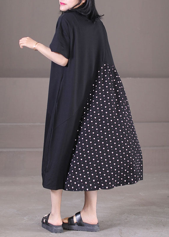Plus Size Black Asymmetrical Patchwork Wrinkled Print Cotton Maxi Dress Short Sleeve