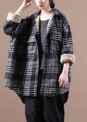 Plus Size Black Asymmetrical Plaid Fleece Wool Lined Coats Winter
