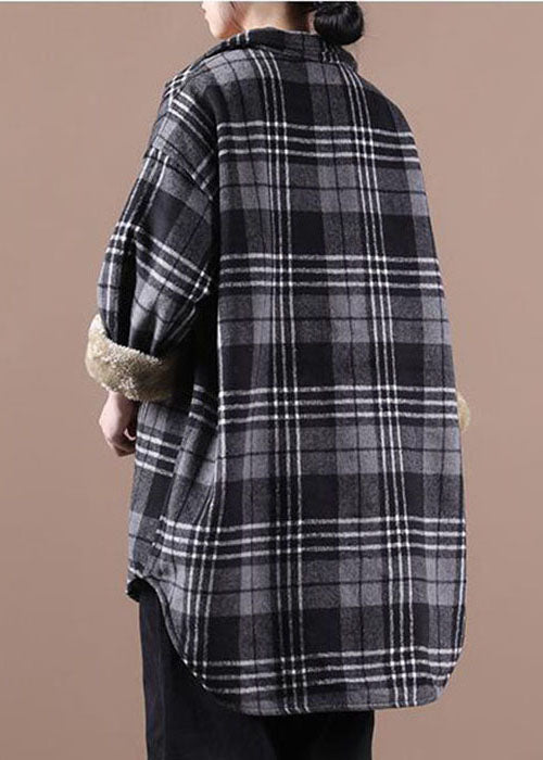 Plus Size Black Asymmetrical Plaid Fleece Wool Lined Coats Winter
