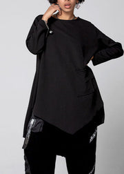 Plus Size Schwarz Asymmetrische Taschen Baumwollhemd Frühling