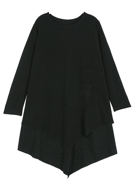 Plus Size Black Asymmetrical Pockets Cotton Shirt Spring