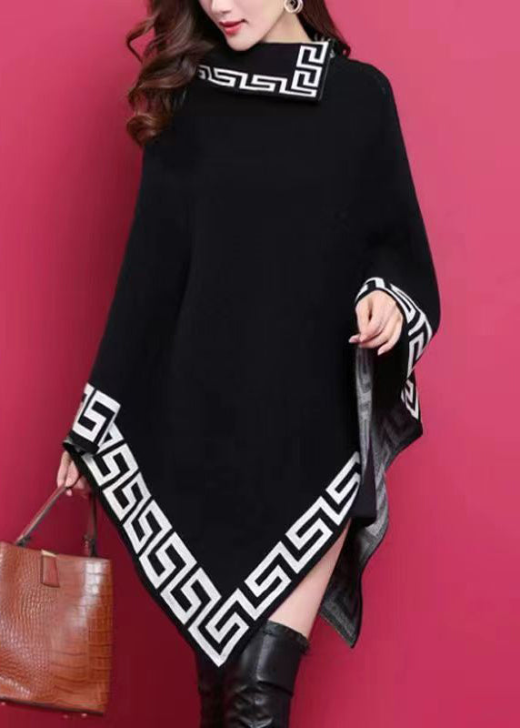 Plus Size Black Asymmetrical Print Patchwork Knit Sweaters Dresses Fall