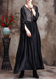Plus Size Black Asymmetrical Print Silk Ankle Dress Spring