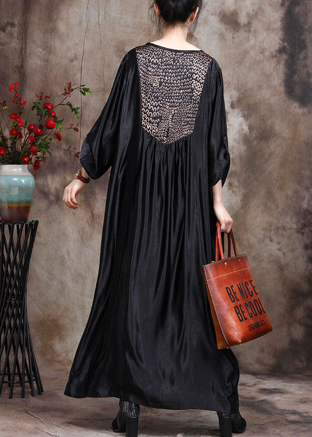 Plus Size Black Asymmetrical Print Silk Ankle Dress Spring
