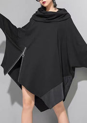 Plus Size Black Asymmetrical Zippered Patchwork Cotton Mid Dress Batwing Sleeve