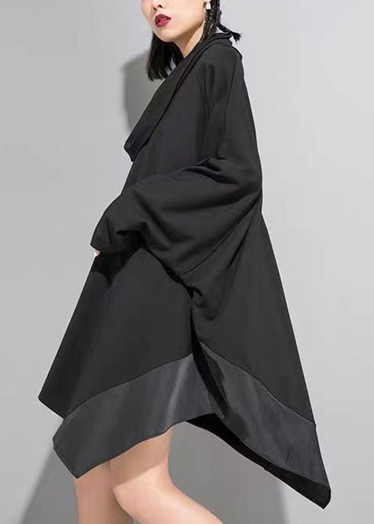 Plus Size Black Asymmetrical Zippered Patchwork Cotton Mid Dress Batwing Sleeve