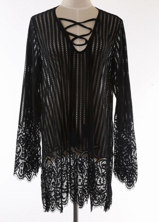 Plus Size Black Bohemian Tying rope Mid Dress Summer Lace Dress
