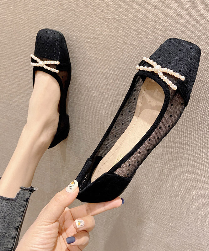 Plus Size Black Bow Splicing Diamond Hollow Out Flat Shoes