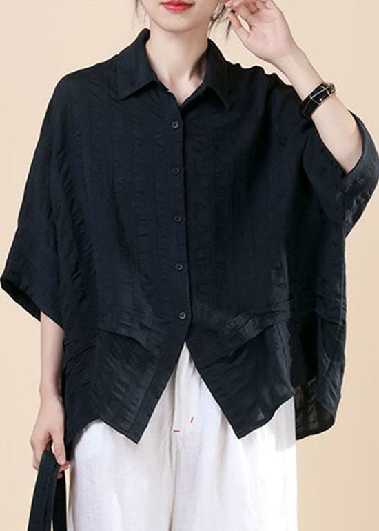 Plus Size Black Button Peter Pan Collar Shirt Top Batwing Sleeve