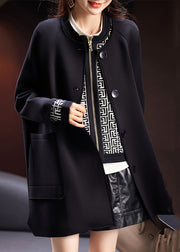 Plus Size Black Button Pockets Cotton Coats Long Sleeve
