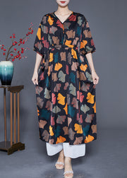 Plus Size Black Cinched Leaf Print Silk Long Dress Summer