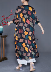 Plus Size Black Cinched Leaf Print Silk Long Dress Summer