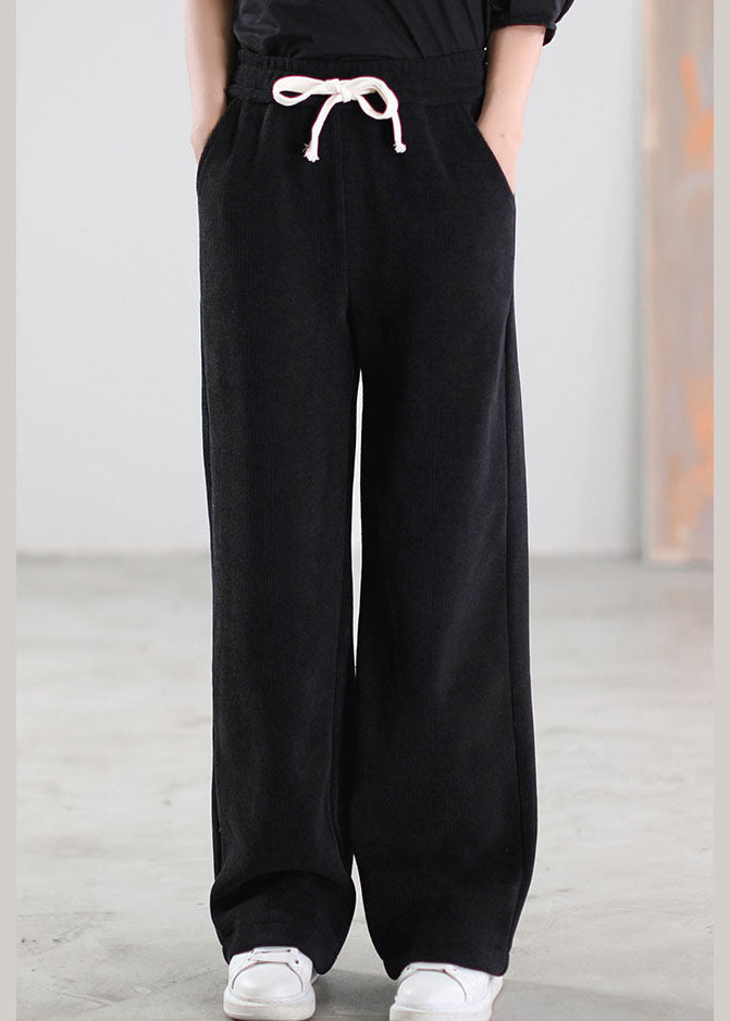 Plus Size Black Cinched Pockets Corduroy Pants Winter