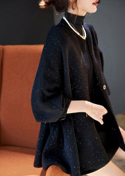 Plus Size Black Cinched Sequins Knit Loose Coat Winter