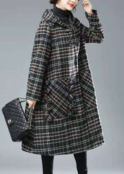 Plus Size Black Chocolate Plaid Hooded Pockets Thick Woolen Trench Winter