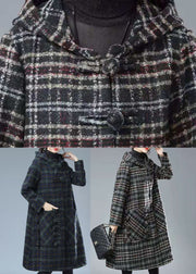 Plus Size Black Chocolate Plaid Hooded Pockets Thick Woolen Trench Winter