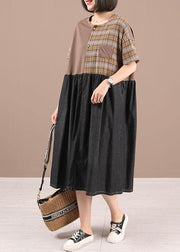 Plus Size Black Cotton Plaid Patchwork Summer Party Dresses - SooLinen