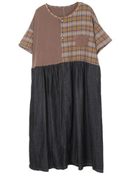 Plus Size Black Cotton Plaid Patchwork Summer Party Dresses - SooLinen