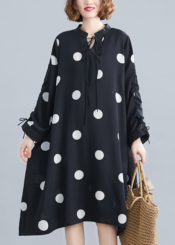 Plus Size Black Dot Lace Up Patchwork Chiffon Dresses Fall