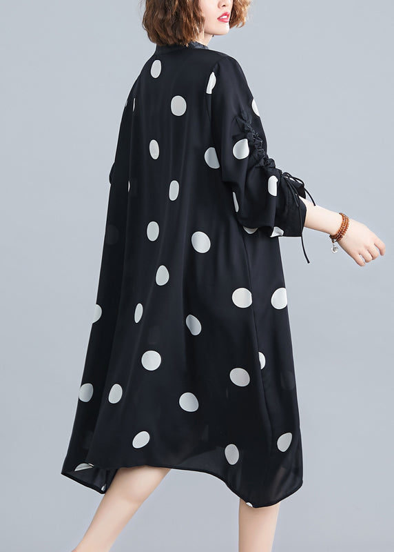 Plus Size Black Dot Lace Up Patchwork Chiffon Dresses Fall
