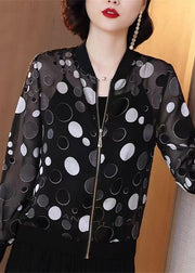Plus Size Black Dot Print Zippere Chiffon Sunscreen Coat Long Sleeve