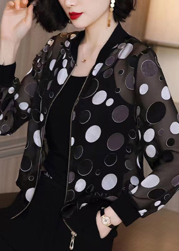 Plus Size Black Dot Print Zippere Chiffon Sunscreen Coat Long Sleeve