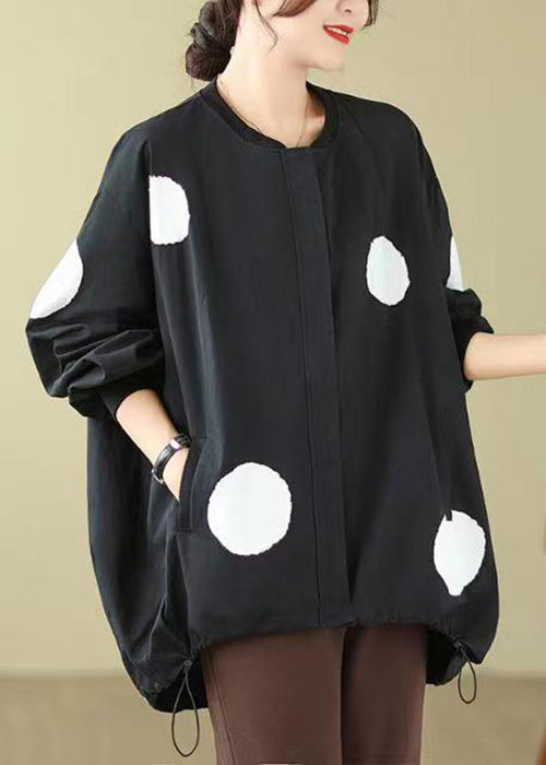 Plus Size Black Dot Zip Up Drawstring Cotton Coat Long Sleeve