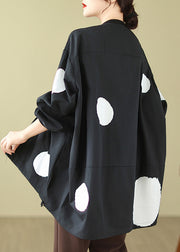 Plus Size Black Dot Zip Up Drawstring Cotton Coat Long Sleeve