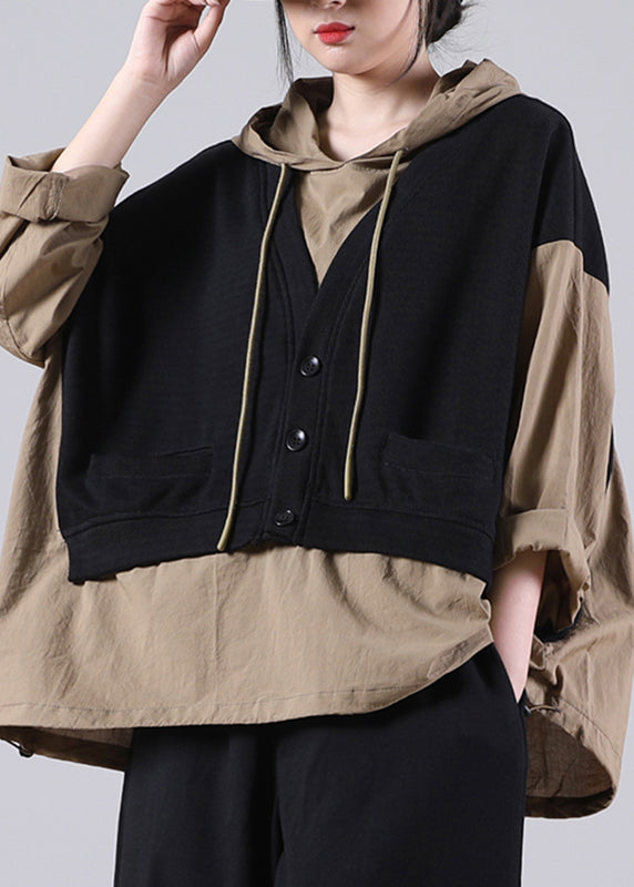 Plus Size Black Kordelzug Gefälschte zweiteilige Kapuzen-Sweatshirts mit langen Ärmeln