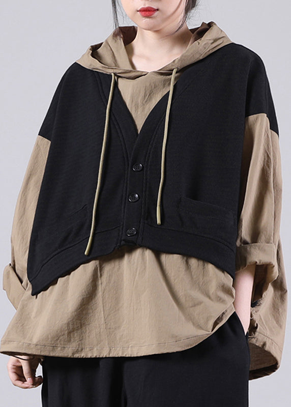 Plus Size Black Drawstring Fake Two Pieces Hooded Sweatshirts Long Sleeve