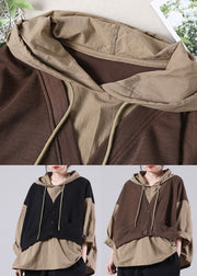 Plus Size Black Drawstring Fake Two Pieces Hooded Sweatshirts Long Sleeve
