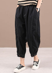 Plus Size Black Elastic Waist Pockets Harem Pants - SooLinen