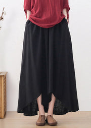Plus Size Black Elastic Waist Pockets Linen Wide Leg Pants Skirt Fall