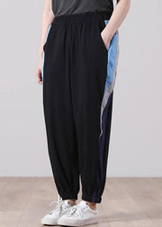 Plus Size Black Elastic Waist Pockets Sports Cotton  Pants - SooLinen