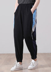 Plus Size Black Elastic Waist Pockets Sports Cotton  Pants - SooLinen