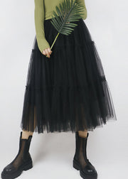 Plus Size Black Elastic Waist Solid Color Tulle A Line Skirts Summer