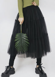 Plus Size Black Elastic Waist Solid Color Tulle A Line Skirts Summer