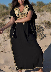 Plus Size Black Embroidered Kaftan Tunic Maxi Beach Dress Short Sleeve