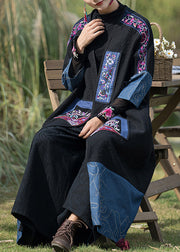 Plus Size Black Embroidered Denim Patchwork  Long Cardigan Fall