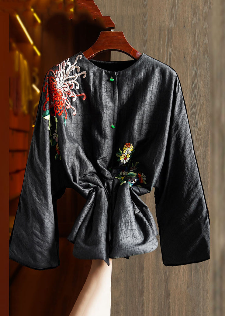 Plus Size Black Printing Floral Button Silk Velour Parka Winter
