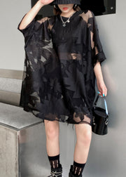 Plus Size Black Embroidered Hollow Out Patchwork Lace Mid Dress Half Sleeve