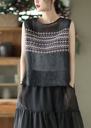 Plus Size Black Embroidered Linen Tank Tops Sleeveless