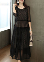 Plus Size Black Embroidered Patchwork Chiffon Party Dress Summer