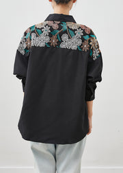 Plus Size Black Embroidered Patchwork Cotton Shirt Top Fall