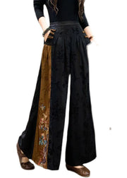 Plus Size Black Embroidered Patchwork Pockets Silk Crop Pants Fall