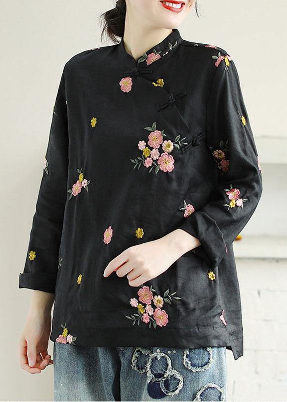 Plus Size Black Embroideried Stand Collar Button Fall Floral Long Sleeve Shirt - SooLinen