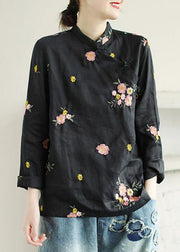 Plus Size Black Embroideried Stand Collar Button Fall Floral Long Sleeve Shirt - SooLinen