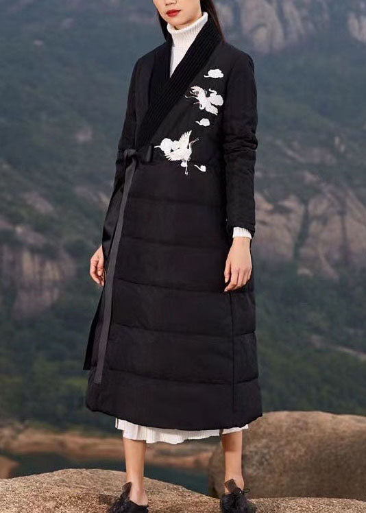 Plus Size Black Embroidered Tie Waist Duck Down Puffer Coat Winter