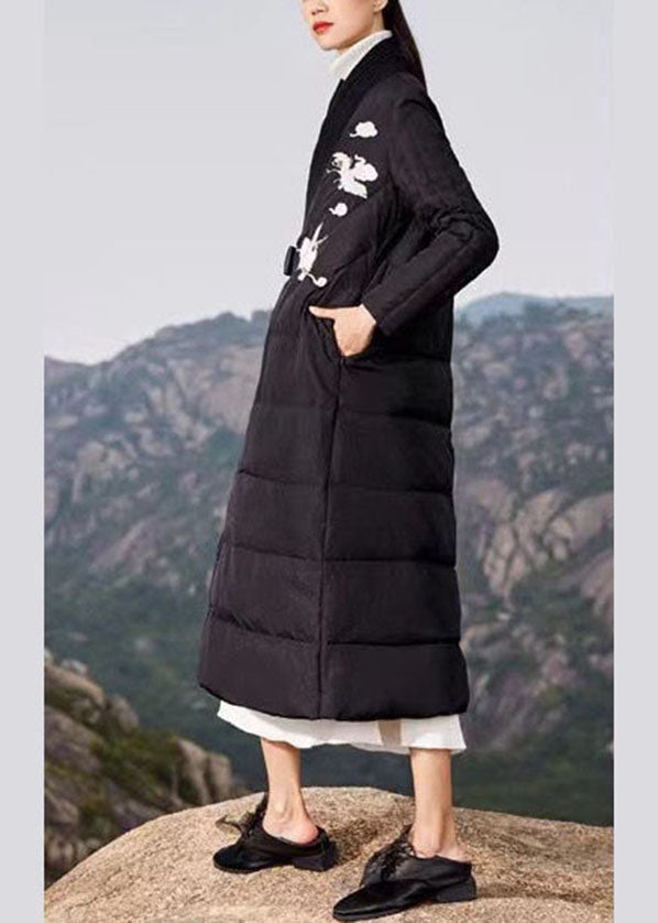 Plus Size Black Embroidered Tie Waist Duck Down Puffer Coat Winter