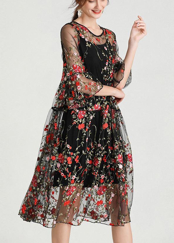 Plus Size Black Embroidery Lace Dress Half Sleeve Women Sets 2 Pieces - SooLinen